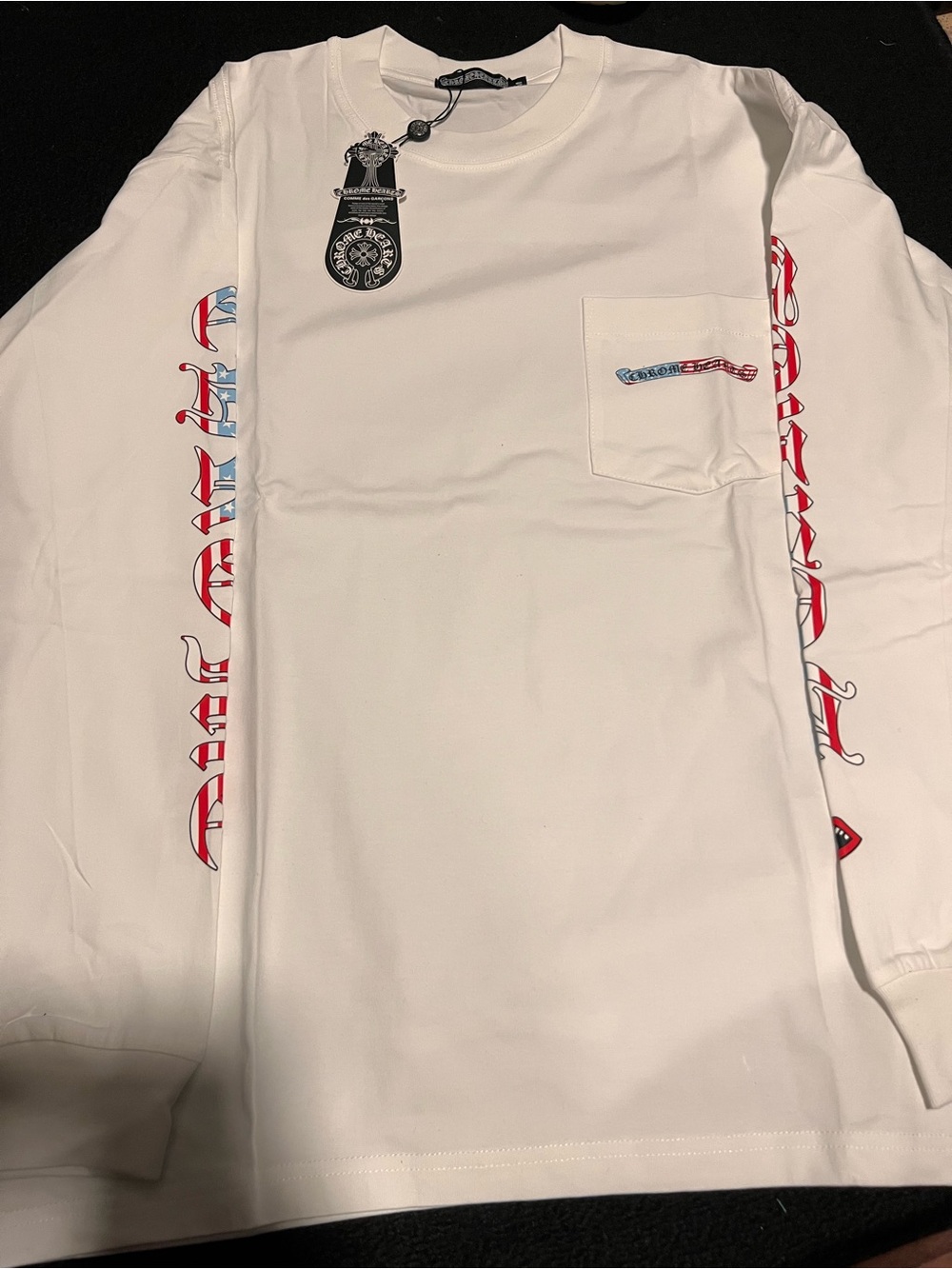 Chrome Hearts White Long Sleeve Pocket Tee with Red & Blue Sleeve Script